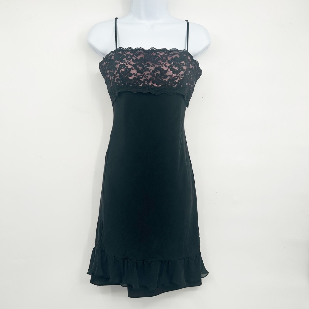 Express Womens Y2K Black Pink Silk Lace Trim Coquette Romantic Slip Dress Size 6